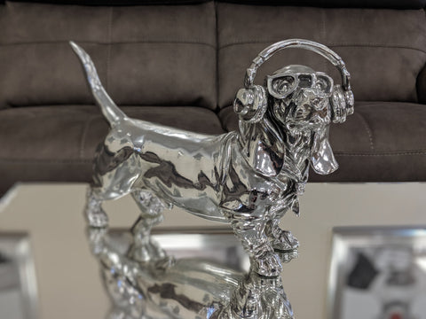 Silver Sausage Dachshund Dog Ornament with Headphones