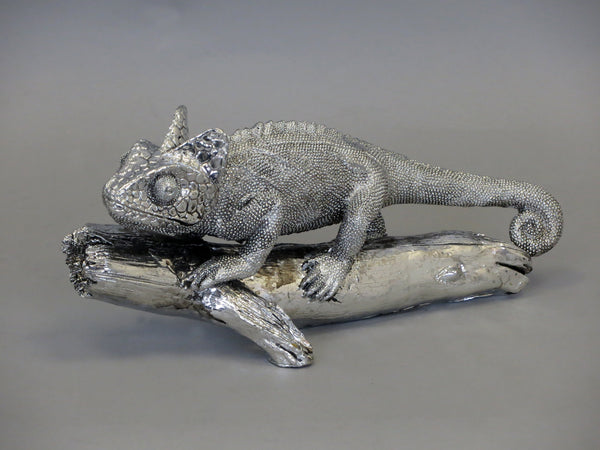Silver Electroplated Chameleon on Branch Ornament Figurine