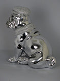 Silver High Finish Electroplated Bulldog Sitting Ornament Figurine with Hat & Scarf