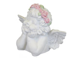 White Thinking Girl Cherub with Pink Flower Headband Ornament