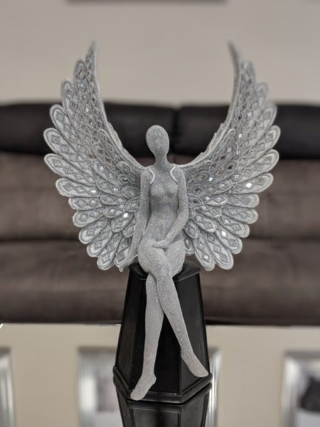 Sitting Silver Spread Angel Wings Diamante & Mosaic Ornament