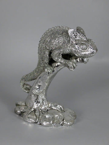 Silver High Electroplated Chameleon on Tree Reptile Ornament Figurine