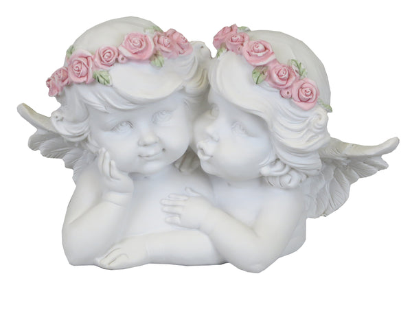 White Cherub Couple with Pink Flower Headband Ornament