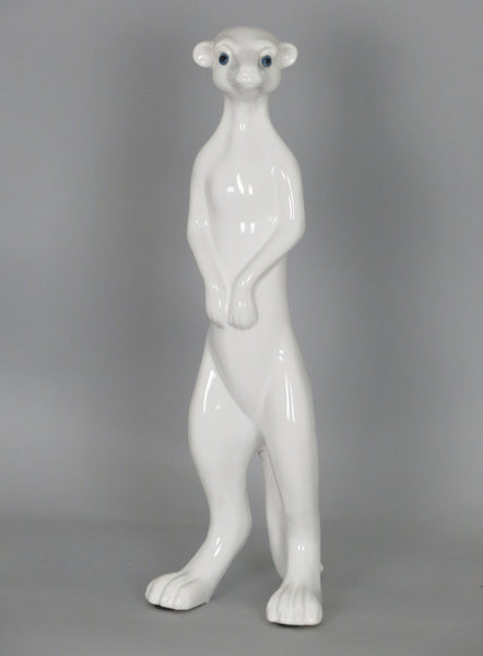 White Ceramic Gloss Standing Meerkat Ornament Figurine with Blue Eyes