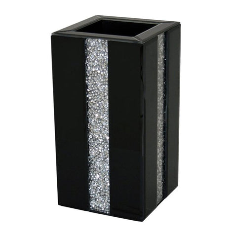 Black Gloss & Diamante Crystal Square Pillar Vase