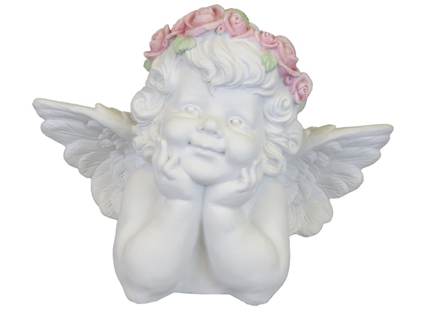 White Thinking Girl Cherub with Pink Flower Headband Ornament